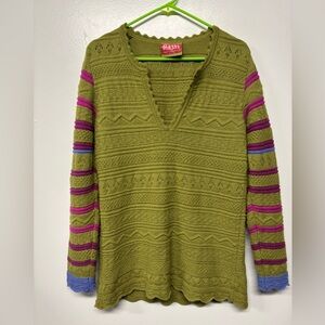 Oleana RARE Norway Made V-neck Alpaca Knit Green Striped Sweater Size Small